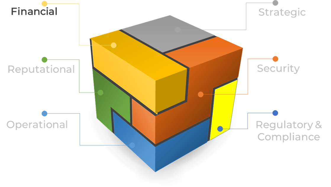 Cube with each multiple colors on each face, similar to a Rubix cube, and the vendor risk component 'Financial' highlighted.