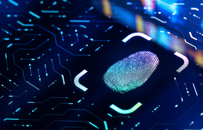 Stock image of a fingerprint on a computer chip under a blacklight.