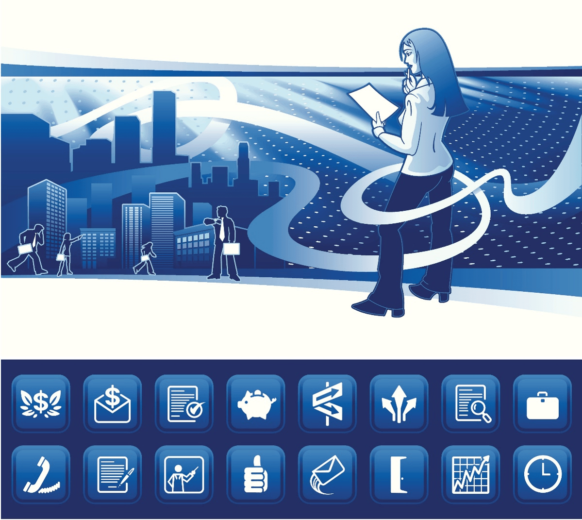 Illustration of business people in a city above various icons.